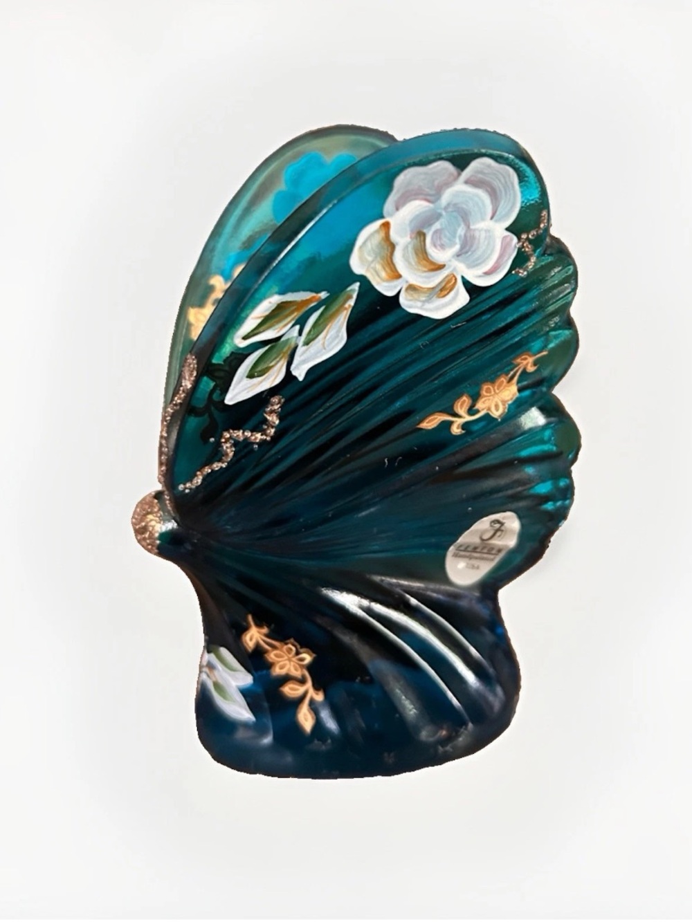 Fenton Hand Painted Blue Butterfly Figurine Paperweight Floral Art Glass Signed